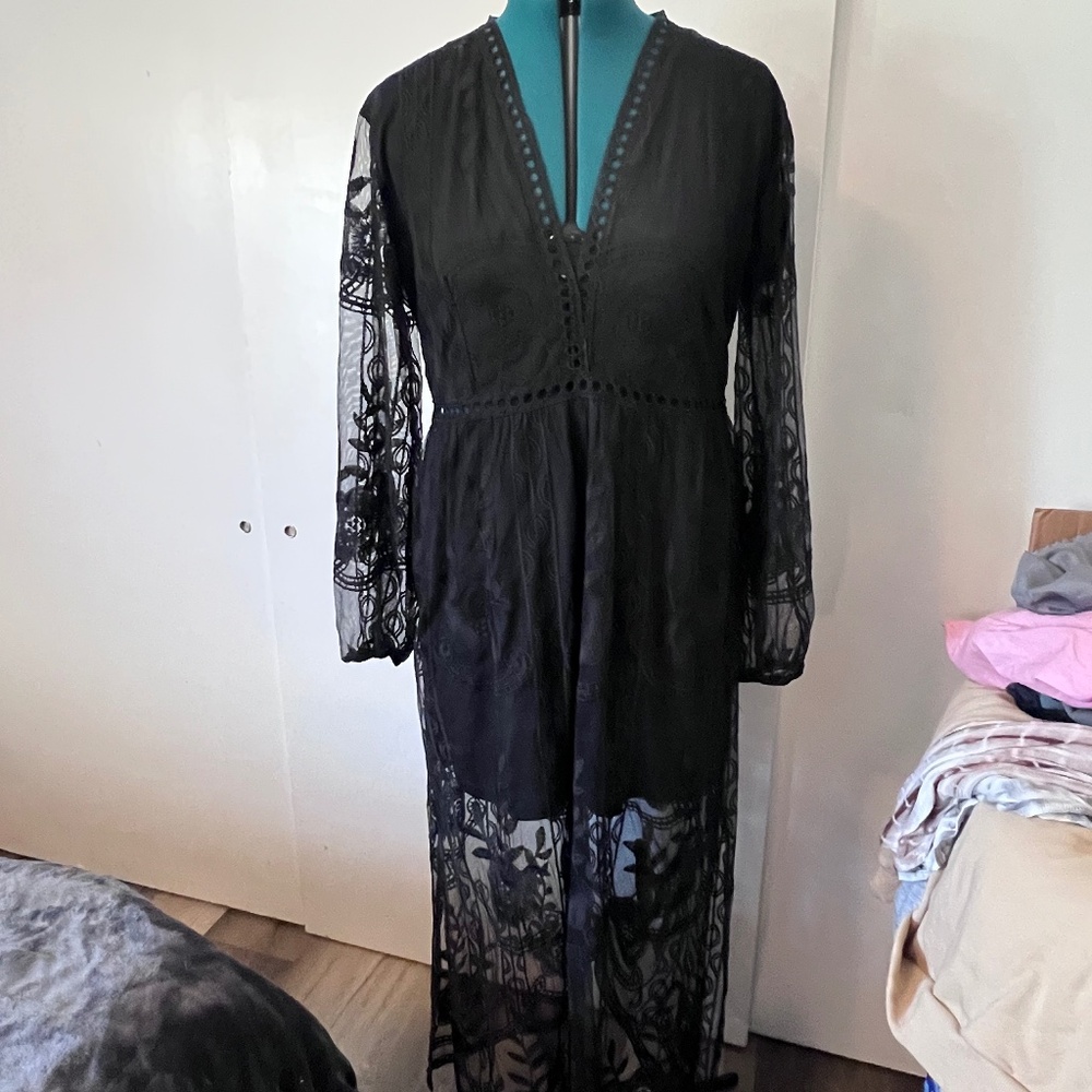 Amropi Black Sheer Lace Maxi Duster Cardigan Floral Mesh Long Sleeve Boho Cover